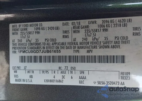 2018 Ford Escape Se z USA, uszkodzony, nr VIN 1FMCU0GD7JUB61655